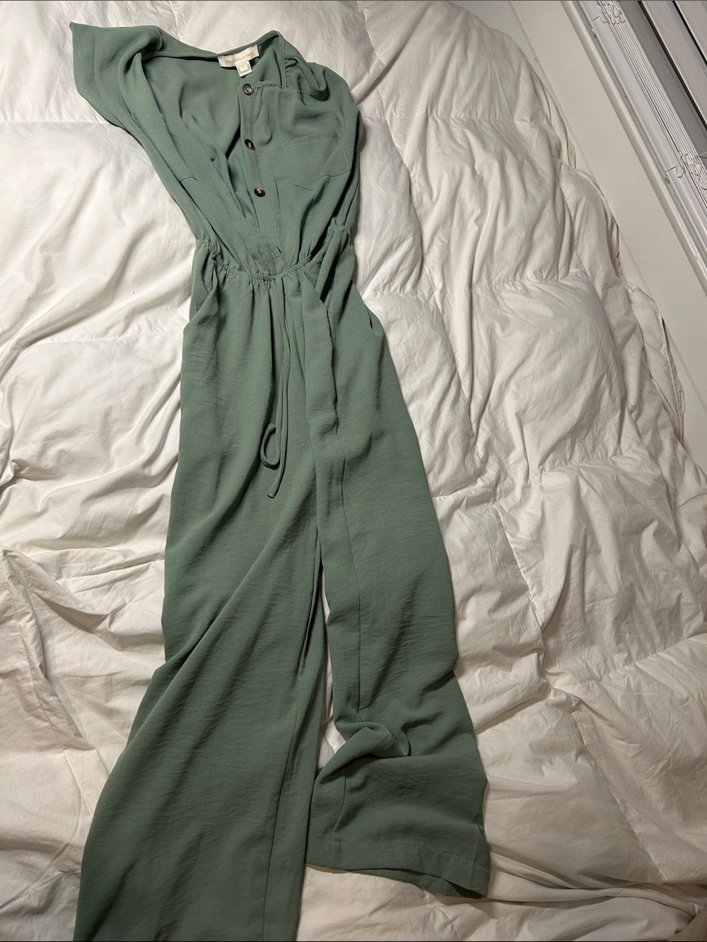 Light Sage Utility Wide-Leg Jumpsuit with Drawstring Waist